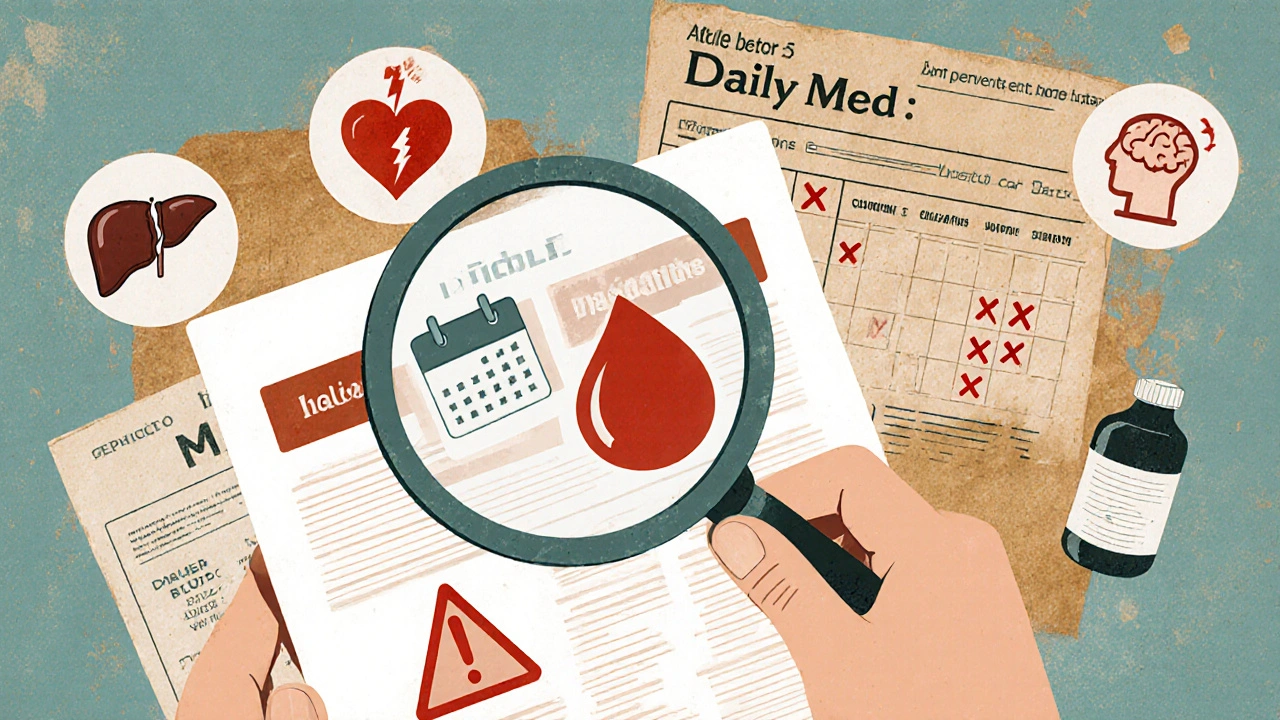 A magnifying glass reveals critical pictograms and risk symbols on a Medication Guide.