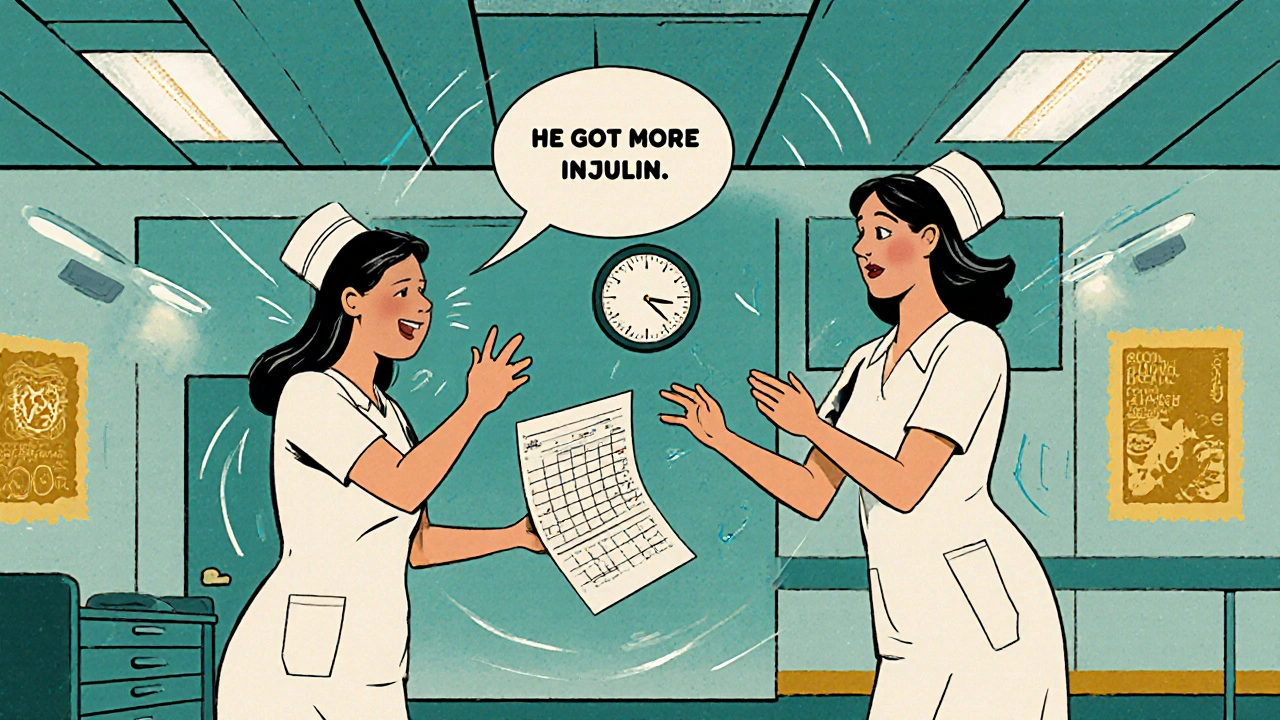 Chaotic hospital handoff at 6:30 AM with nurses exchanging incomplete information about insulin.