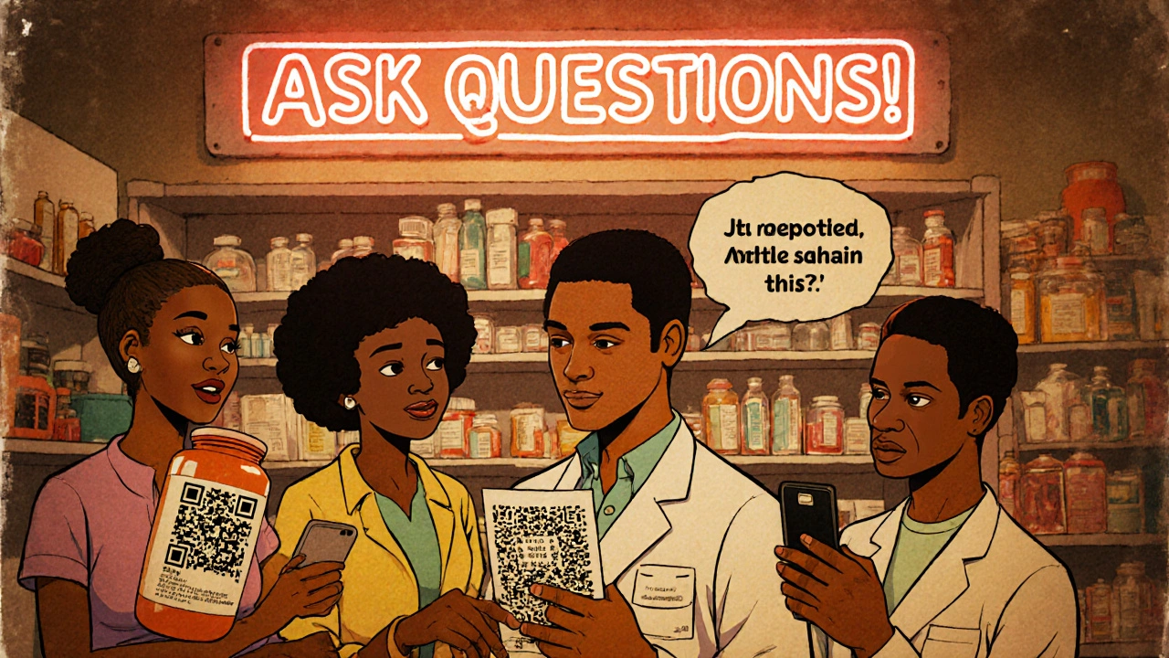 Diverse group in pharmacy interacting with QR code, large-print label, and pharmacist