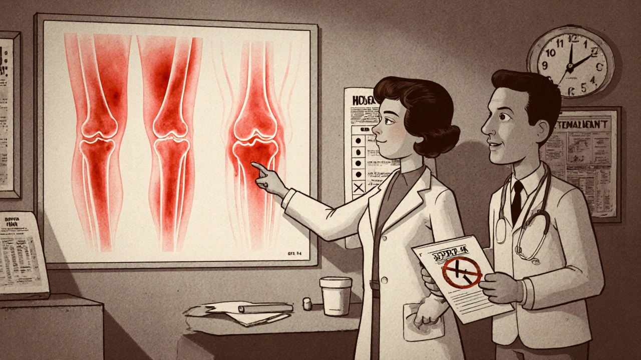 Doctor and patient in vintage clinic examining a glowing joint diagram with warning symbols.