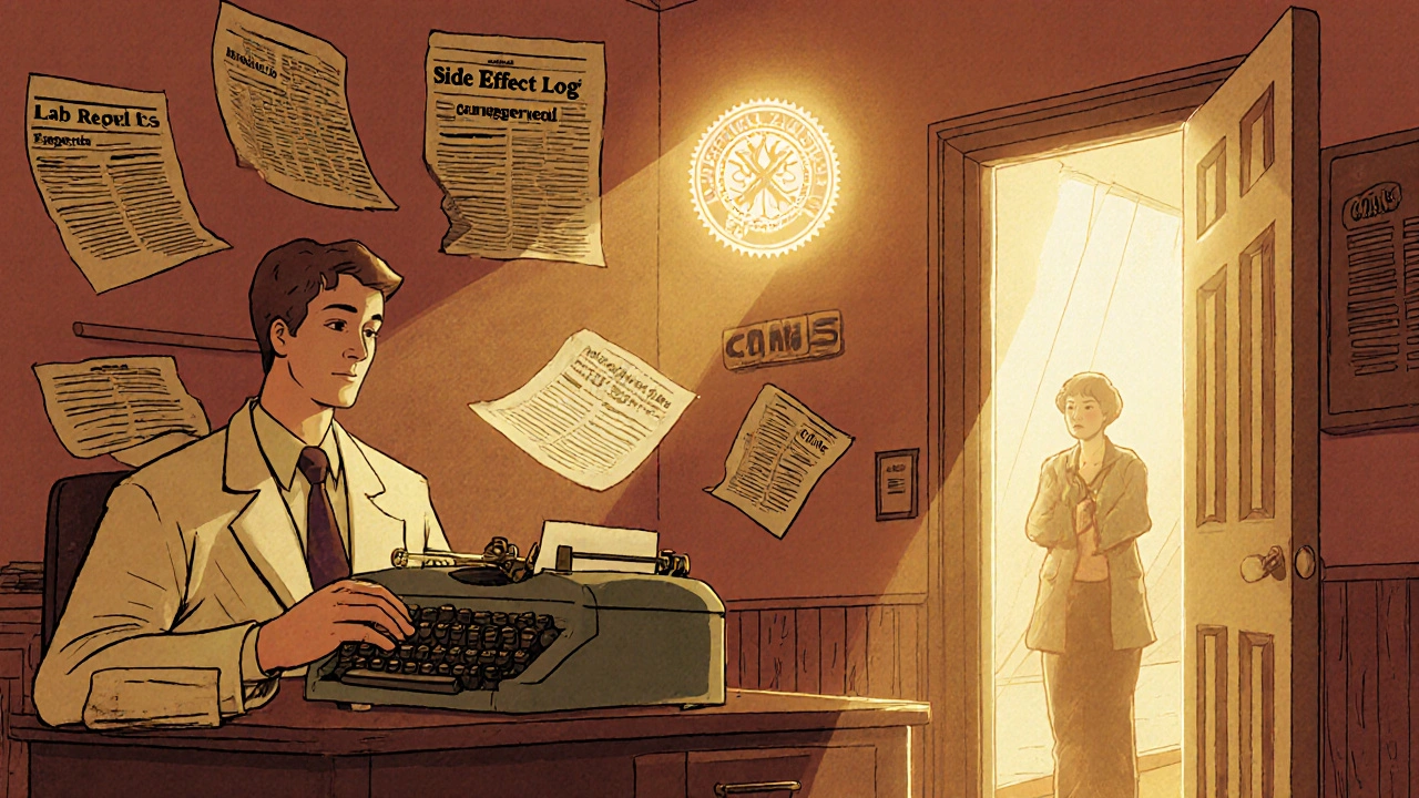 Doctor filling out medical exception form with lab results and CMS template nearby.