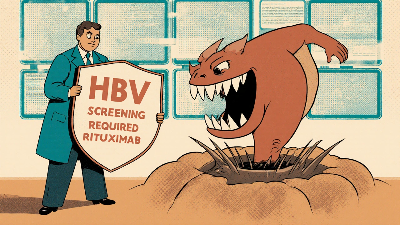 Doctor holding an HBV screening alert shield, blocking a virus monster from a patient receiving biologic therapy.