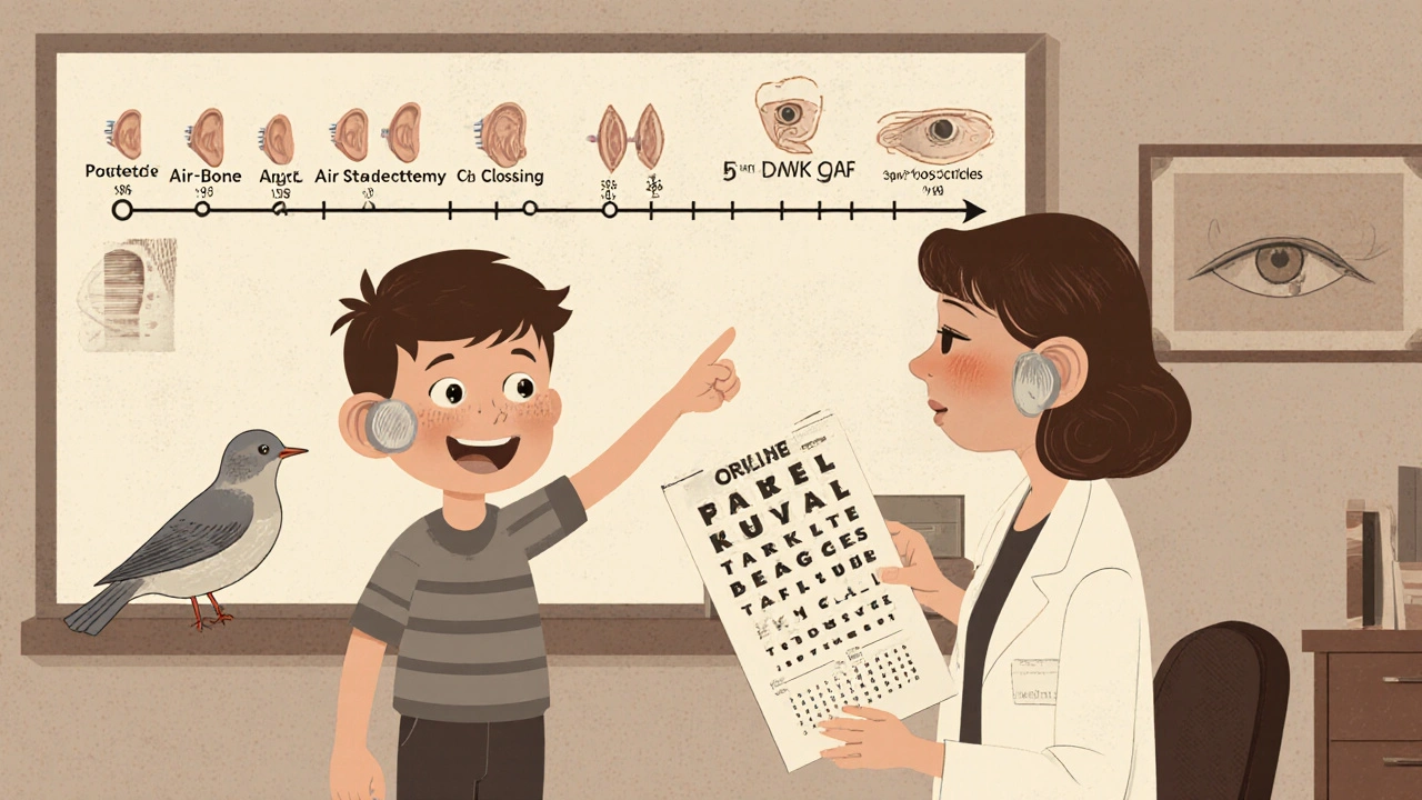 Family in doctor&#039;s office as boy hears bird outside, with illustrated timeline of ear surgery.