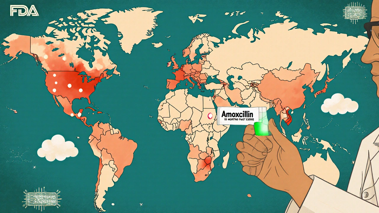 Global map with resistant bacteria hotspots and scientist testing antibiotic potency with paper strip.