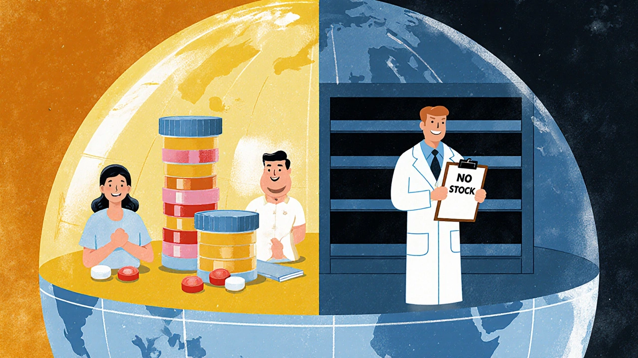 Globe showing accessible combo pills on one side and empty shelves on the other.