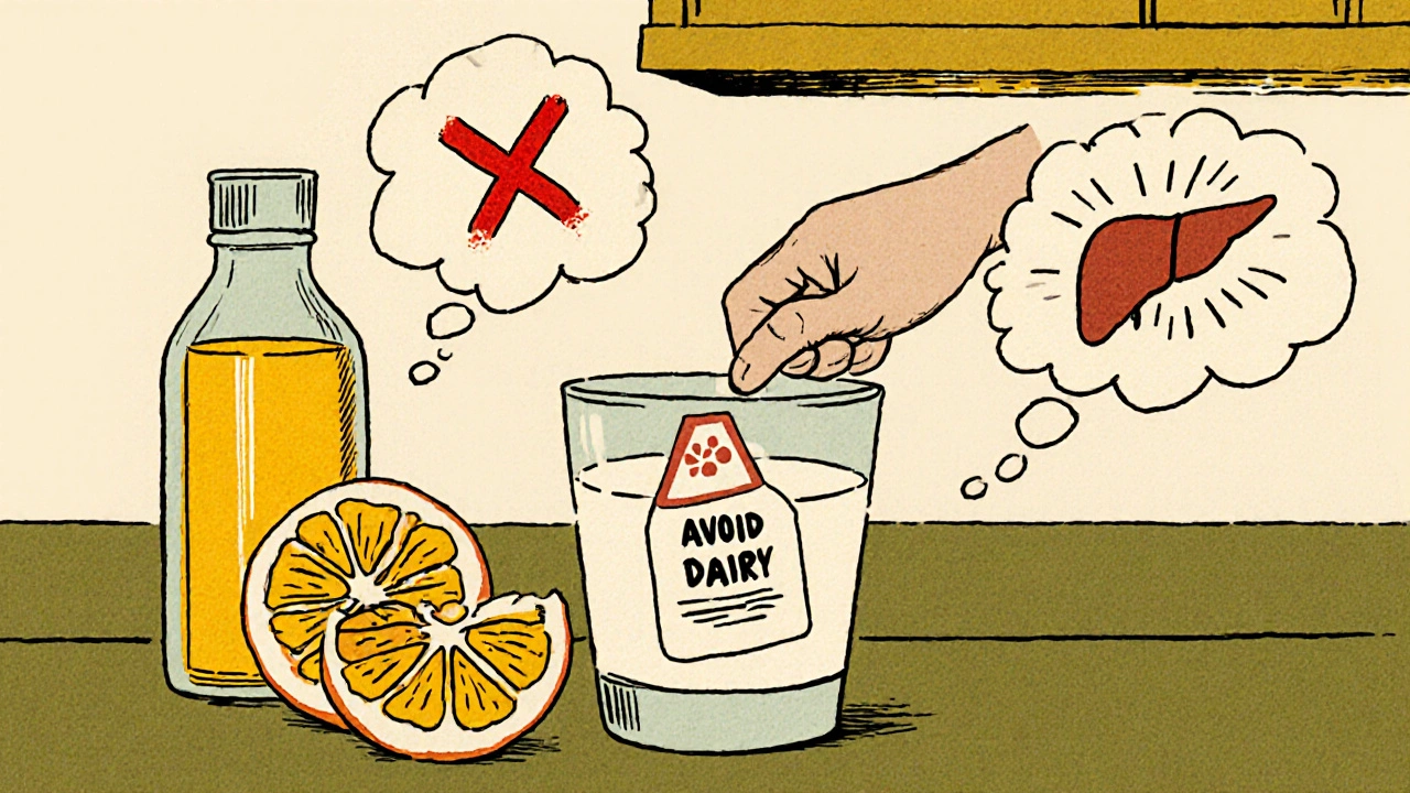 Medicine bottle next to grapefruit juice and milk with warning symbols over them