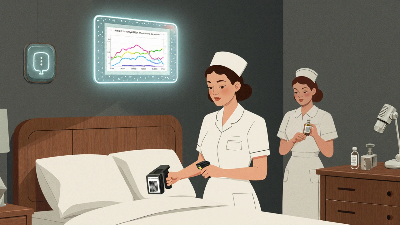 Nurse scanning barcode at bedside while AI hologram and voice mic assist with dose verification.