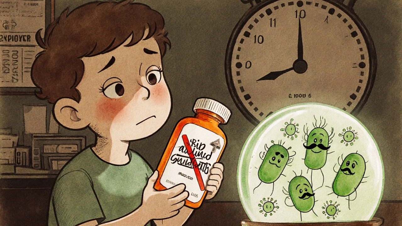 Parent holding expired liquid antibiotic as bacteria multiply in a petri dish