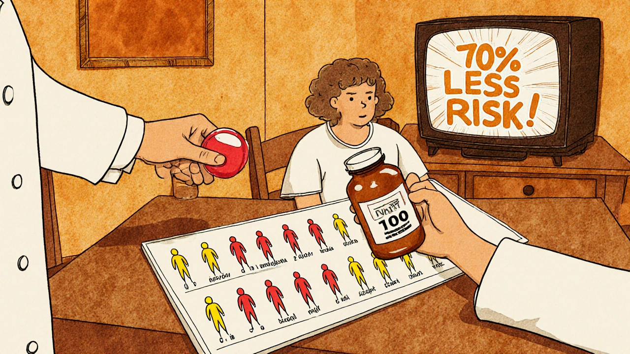 Patient at table with 100 stick figures chart, doctor giving pill, TV showing misleading drug ad