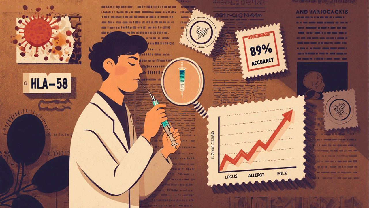 Patient getting penicillin skin test in clinic, floating icons show genetic marker, accuracy graph, and crossed-out allergy stamp