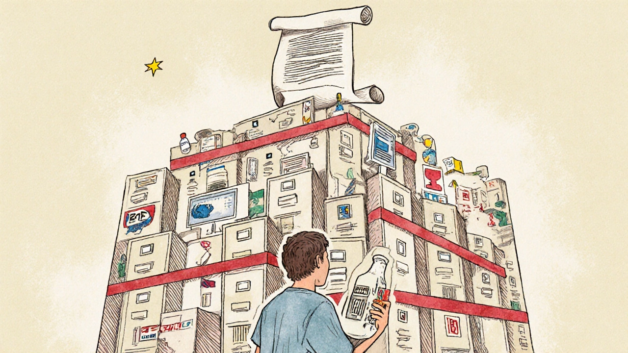 Patient holding emergency supply amid bureaucratic maze, guided by CMS guidelines.