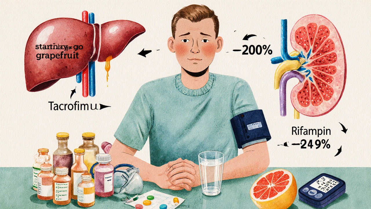 Patient surrounded by pills and warning symbols, with grapefruit causing dangerous drug interactions in retro health poster style.
