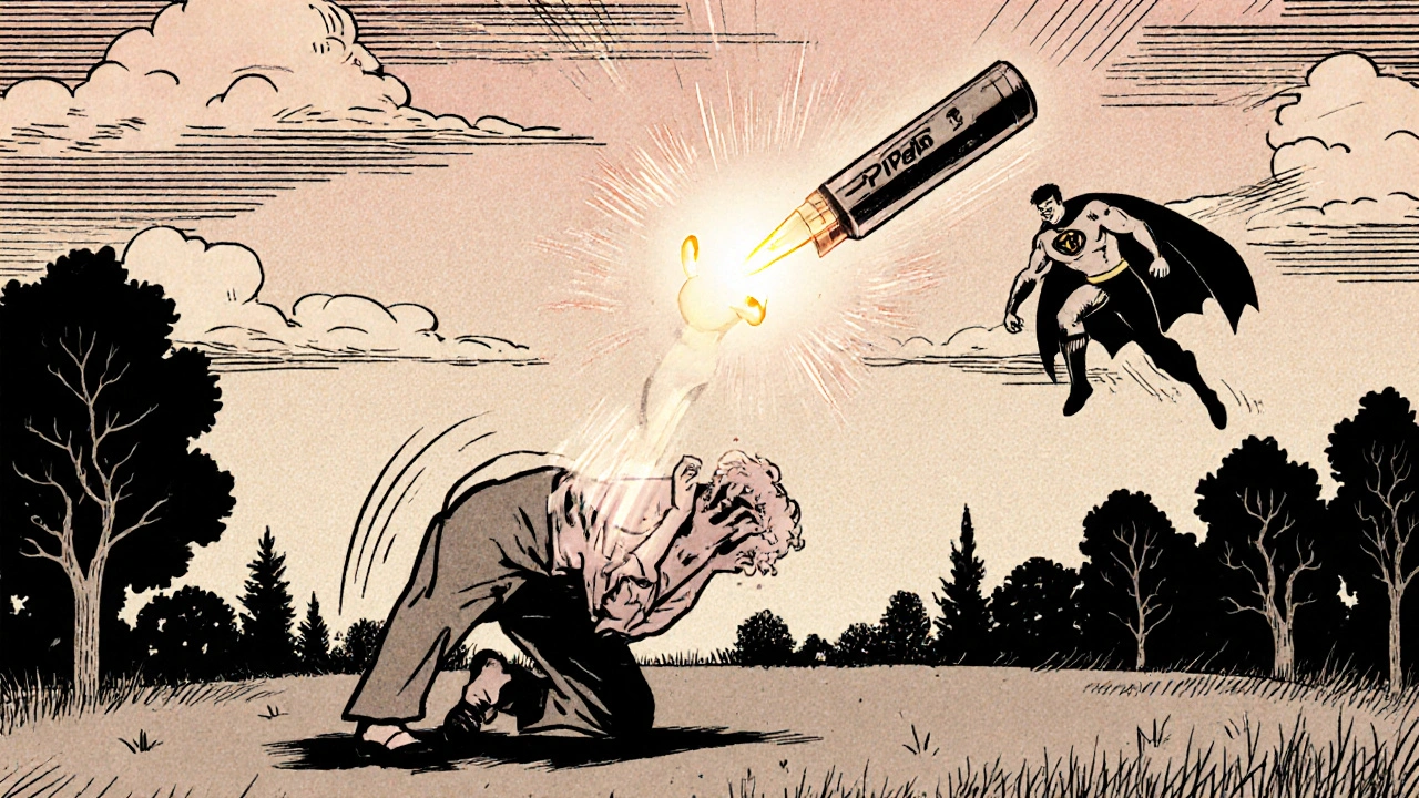 Person collapsing as expired EpiPen falls, fresh one flies in like a hero