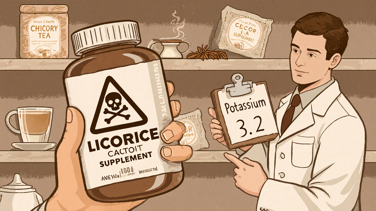 Person holding licorice supplement with warning icon, safe alternatives glowing on shelf in vintage style