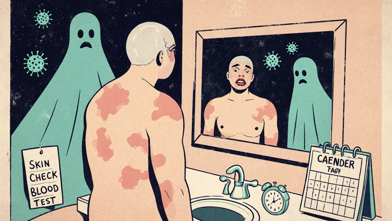 Person staring at their altered reflection in mirror, with health risks looming, rendered in 1970s medical illustration style.