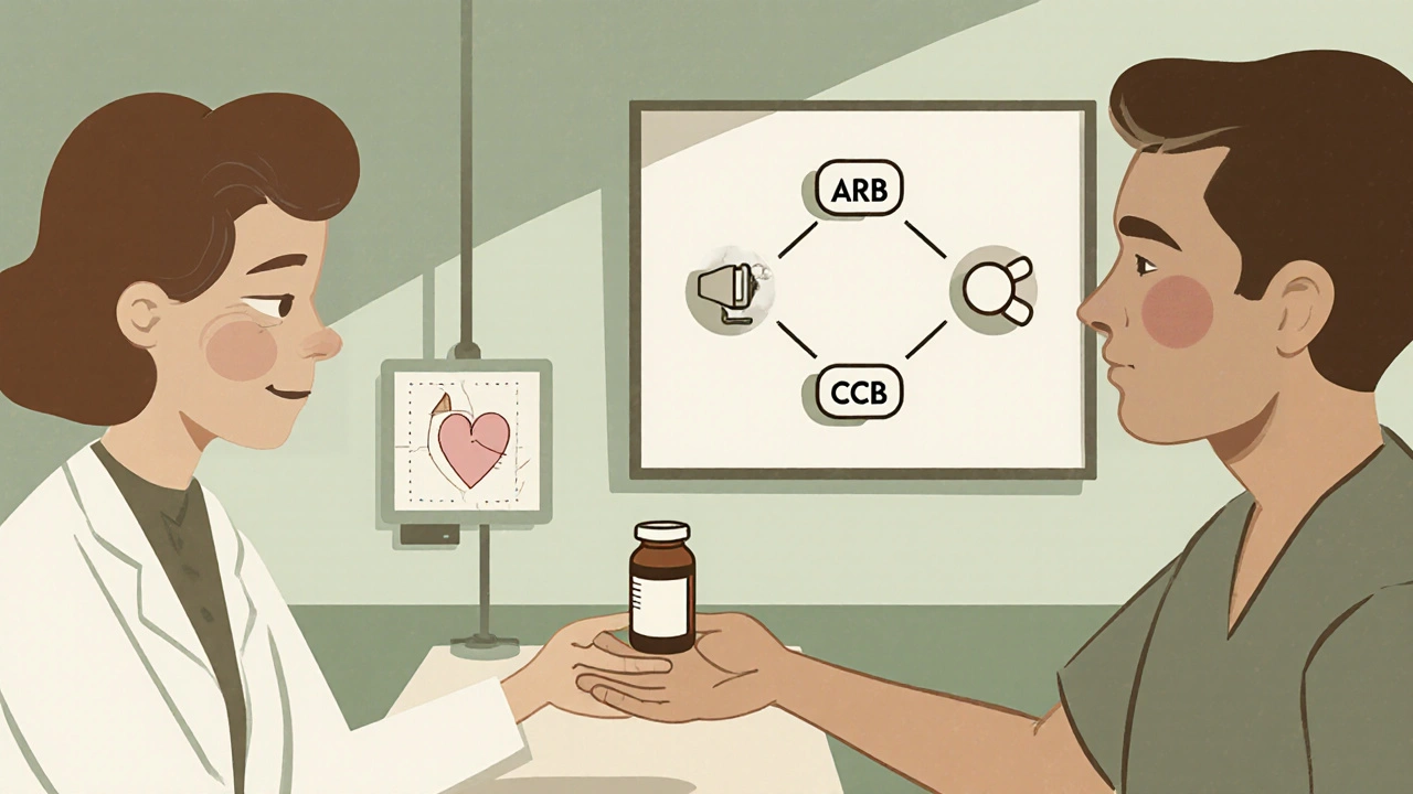 Pharmacist giving a combo pill bottle to a patient with drug class chart in background.
