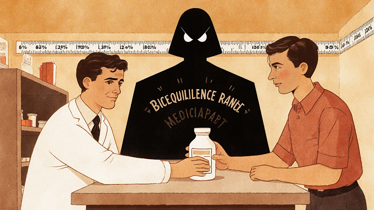 Pharmacist handing a generic pill bottle as a wide bioequivalence range looms in the background.