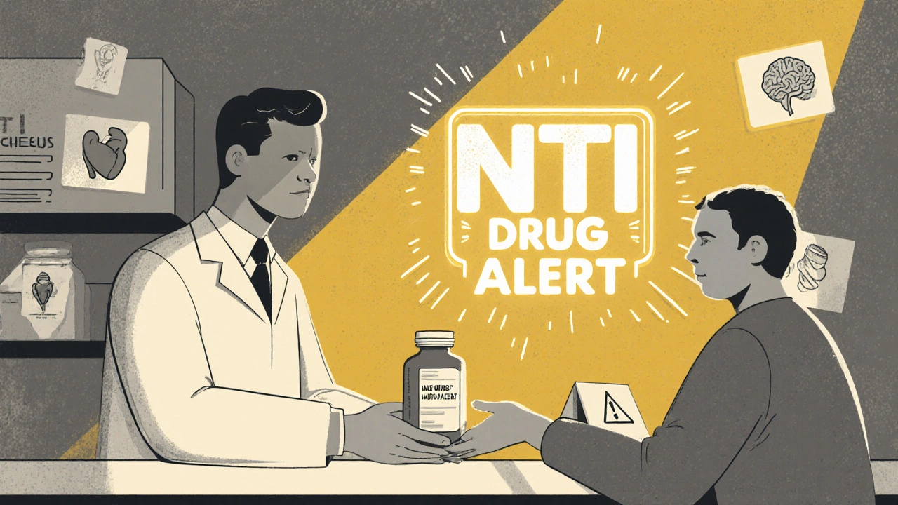 Pharmacist handing a patient a new generic thyroid medication with an NTI alert sign.