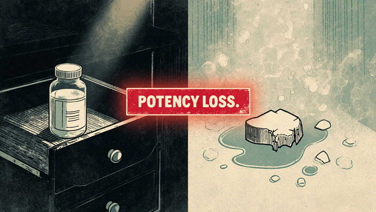 Side-by-side comparison of properly stored vs. degraded antibiotic pill in bedroom and bathroom.