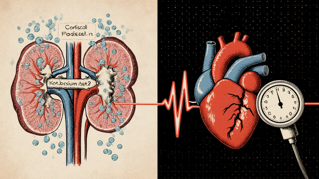 Split illustration of kidney leaking potassium and heart with irregular beat, vintage medical diagram style