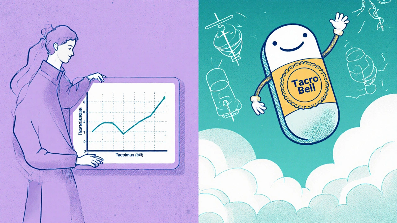 Split scene: declining tacrolimus levels vs. a golden &#039;supergeneric&#039; pill with a seal of safety.