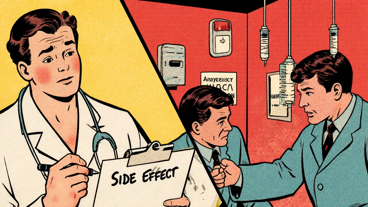 Split scene: mild rash on left, emergency anaphylaxis on right, contrasting colors show side effect vs true allergy