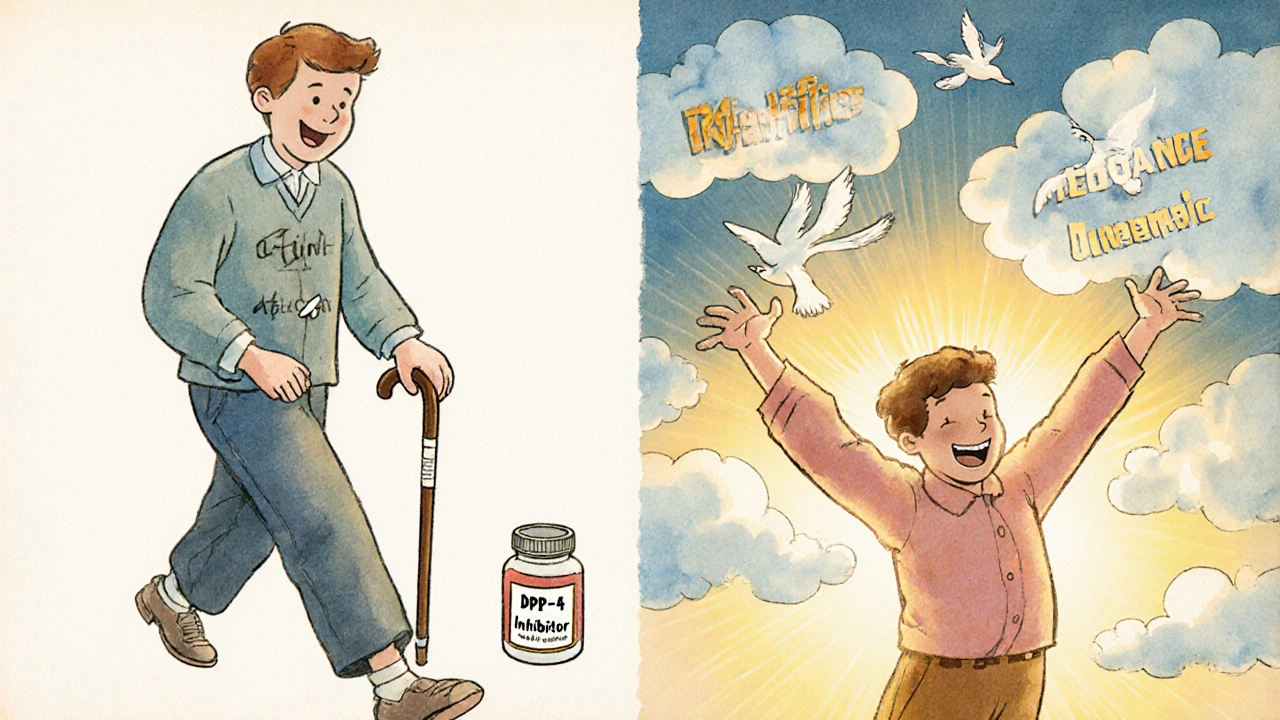 Split scene: person discarding diabetes pill bottle as pain fades, alternative meds rising like birds.