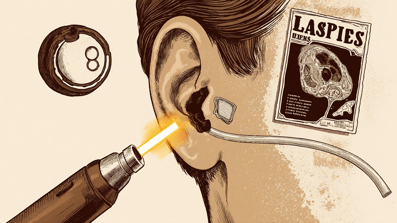 Surgeon using laser to replace stapes bone in transparent ear with floating medical icons.