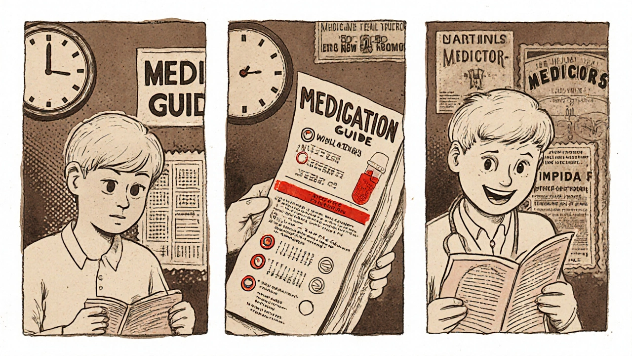 Three-panel cartoon showing the consequences of ignoring or following a Medication Guide.
