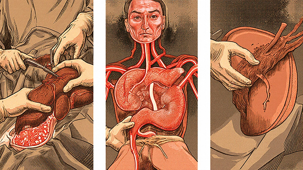 Three-phase liver transplant surgery depicted in retro medical cartoon style.