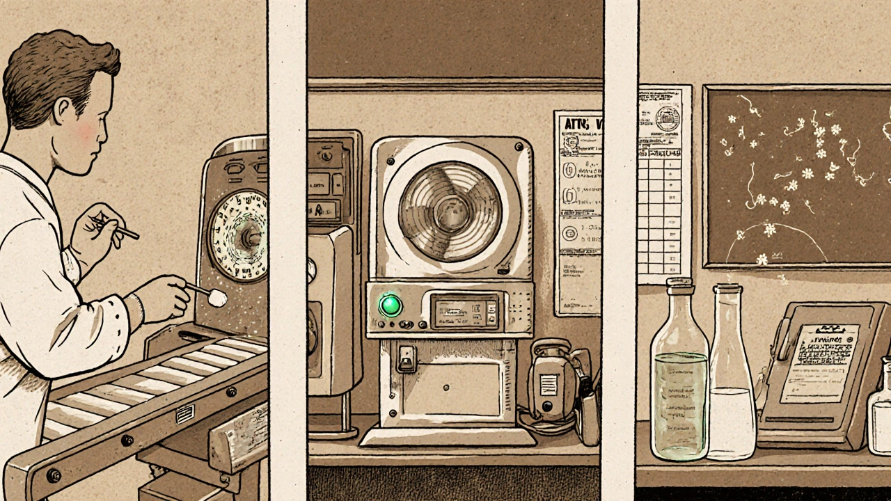 Three vintage-style lab stations: swabbing, air sampling, and ATP testing with analog equipment and chalkboard charts.
