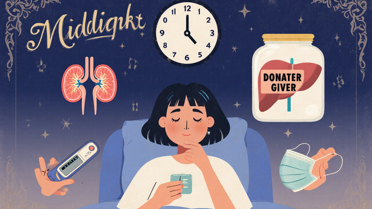 Transplant patient taking medication with symbolic health risks floating nearby.