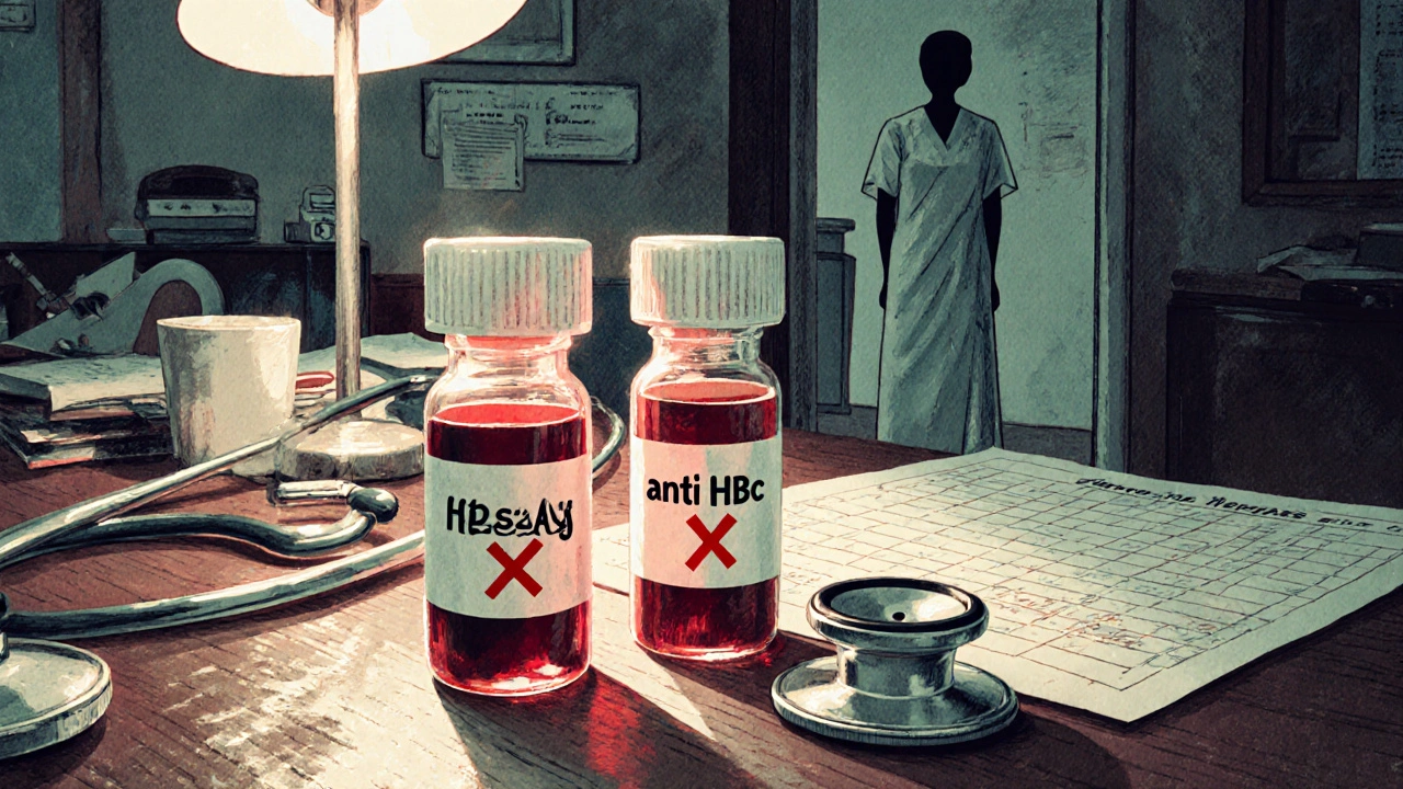 Two blood test vials on a 1950s doctor&#039;s desk with glowing checkmark and red X, symbolizing HBV screening.
