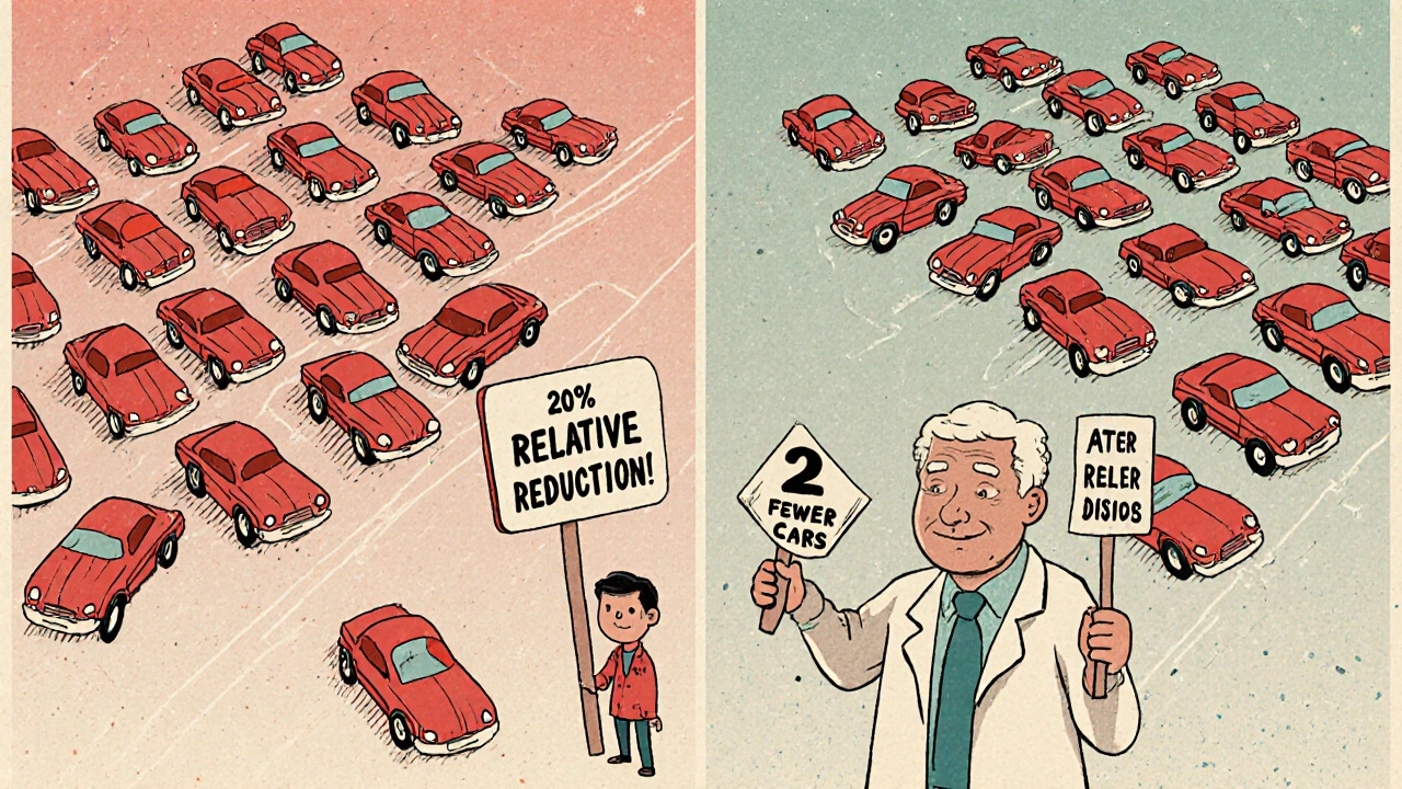 Two parking lots with red cars showing risk reduction, doctor holding relative vs absolute benefit signs