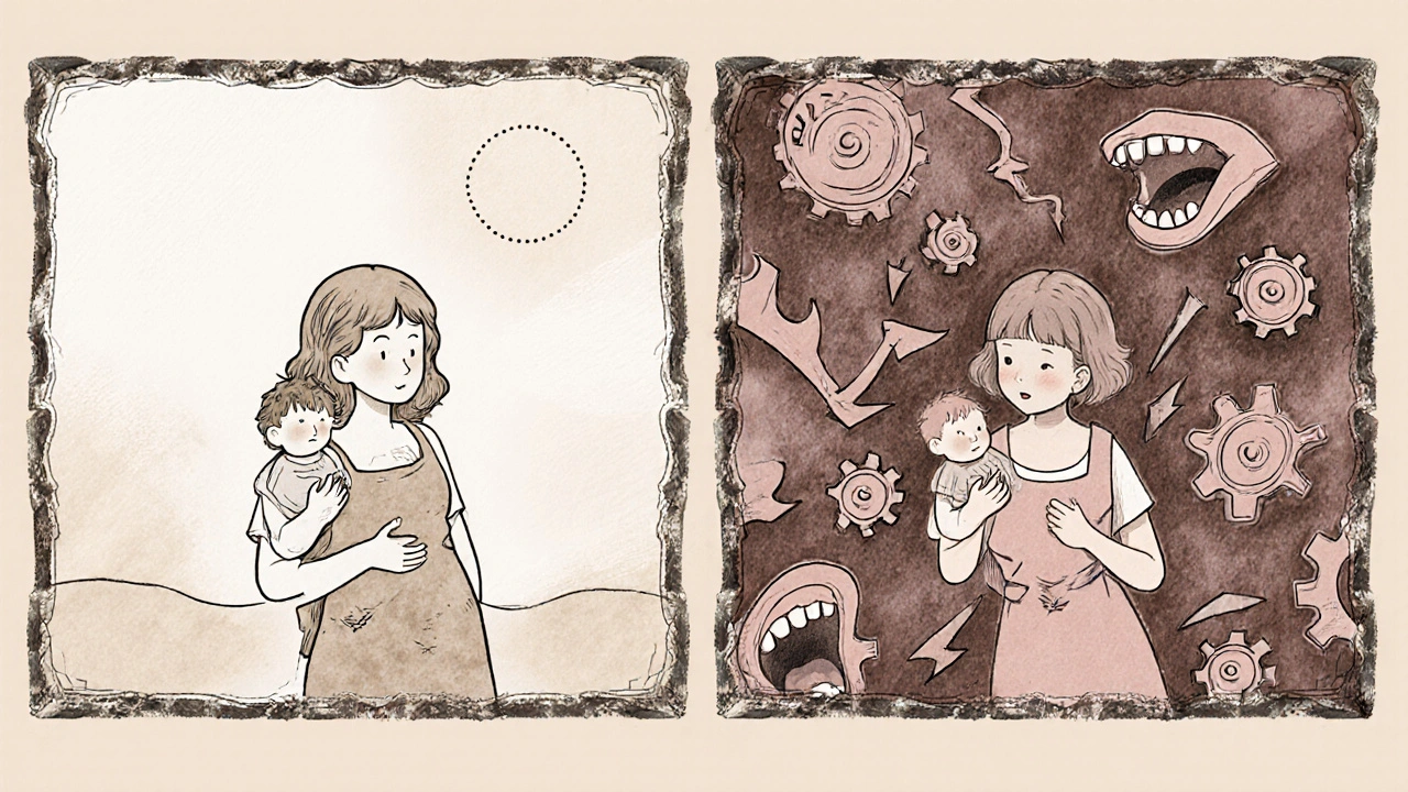 Two versions of the same mother: one calm, one overwhelmed by abstract anxiety symbols in vintage-style panels.