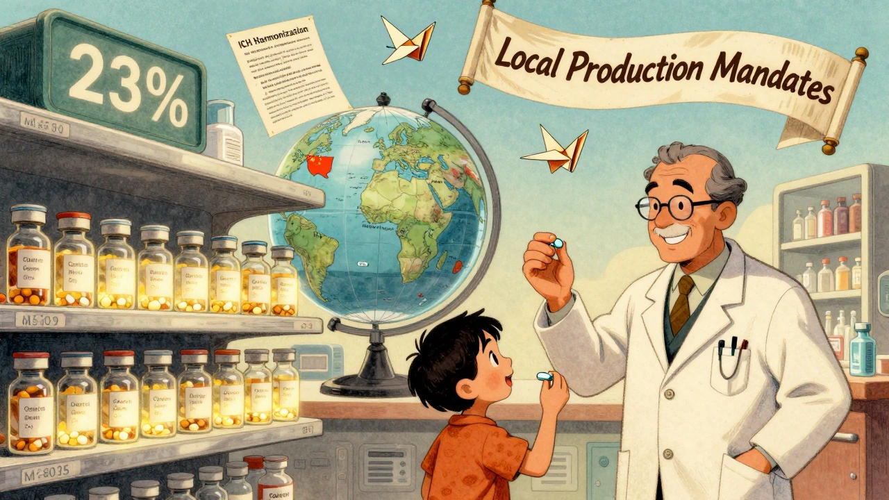 A 2030 pharmacy shelf with biosimilars, shifting API production, and regulatory cranes, as a child takes a generic pill.