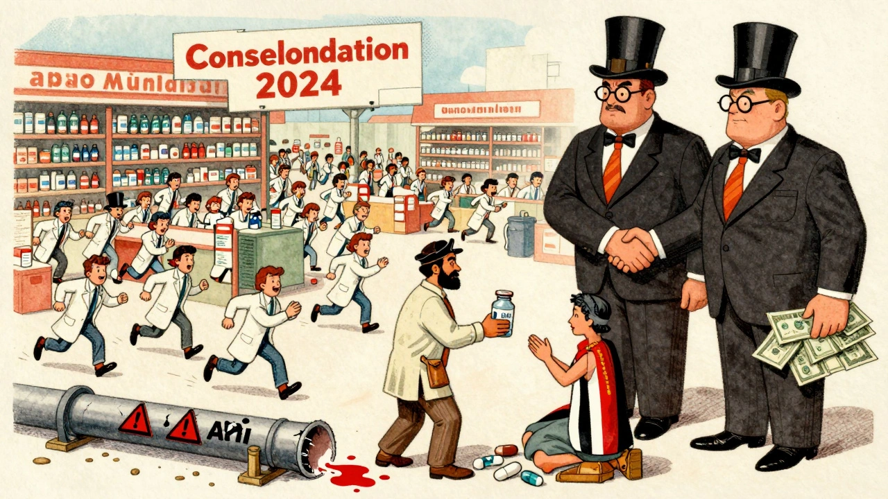 A chaotic generic drug marketplace with competing manufacturers, corporate consolidation, and a leaking API pipeline from China.