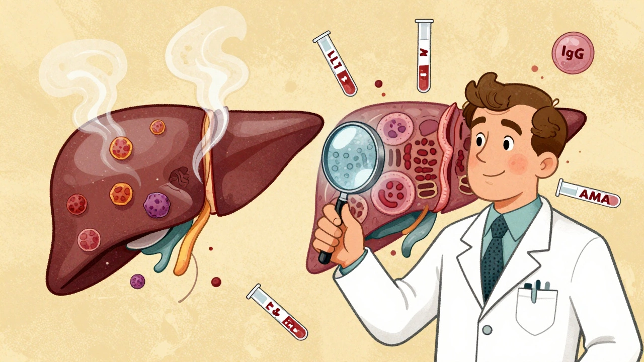 A doctor examining a liver biopsy slide split into bile duct and liver cell damage, surrounded by floating lab test labels.