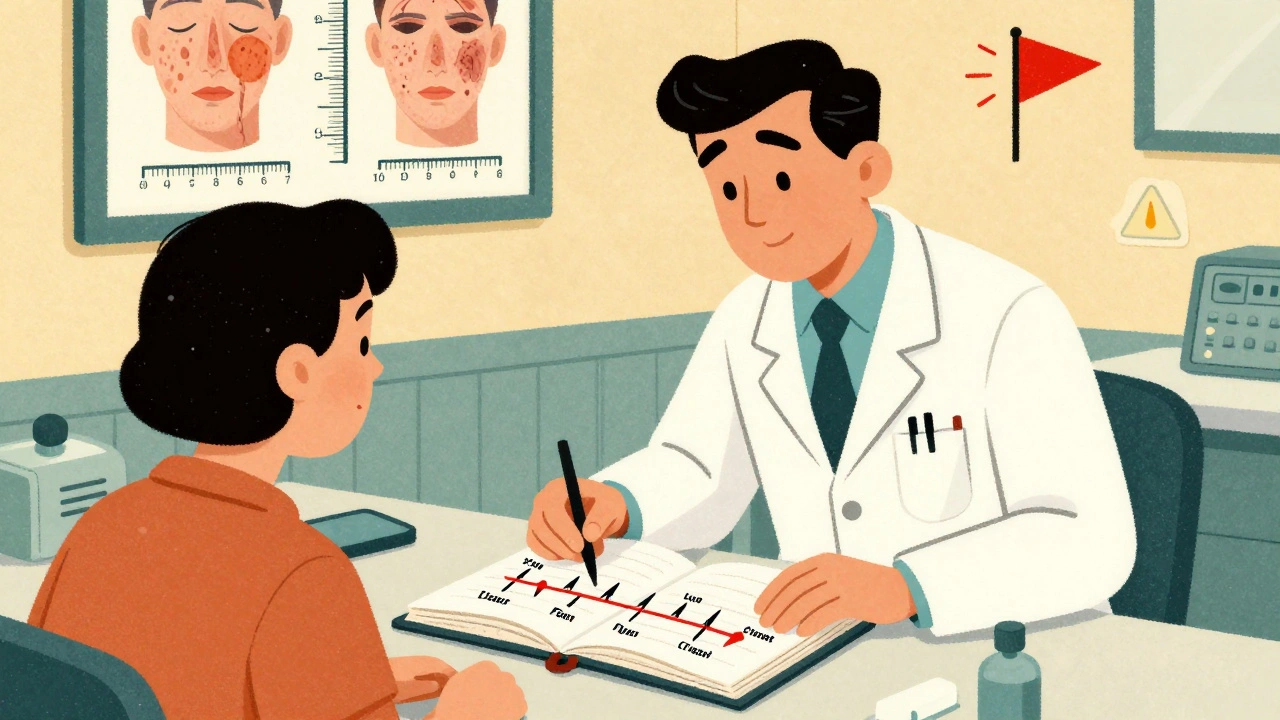 A doctor reviewing a symptom diary with a timeline graph, while skin reaction illustrations hang on the wall.