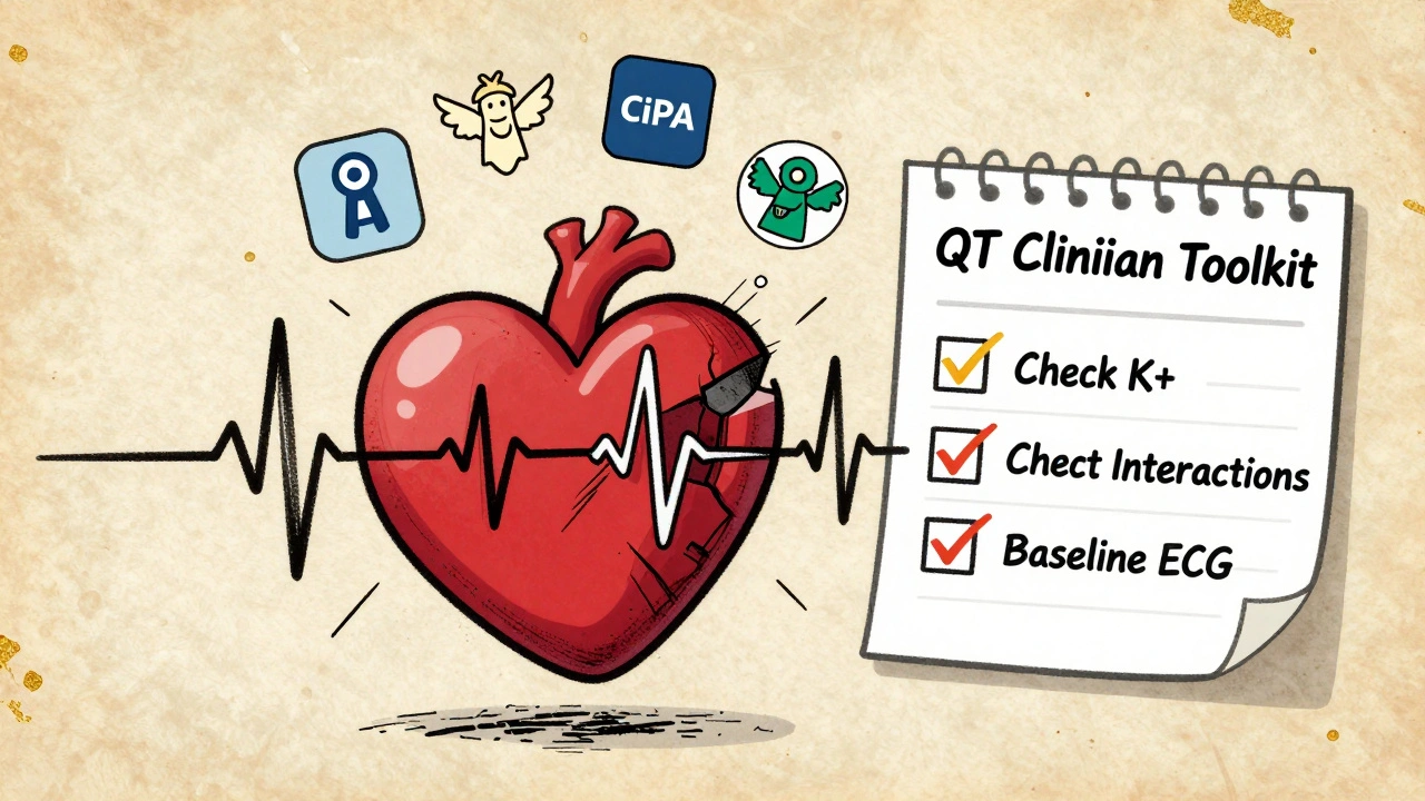 A heart with chaotic electrical waves and AI/FDA safety icons in vintage medical illustration style.