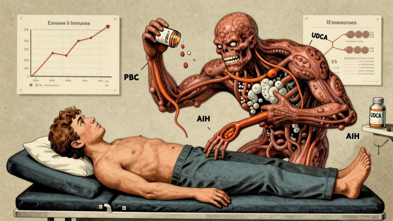 A patient with a chaotic immune monster attacking liver tissues, while medical charts show failing treatments in retro style.