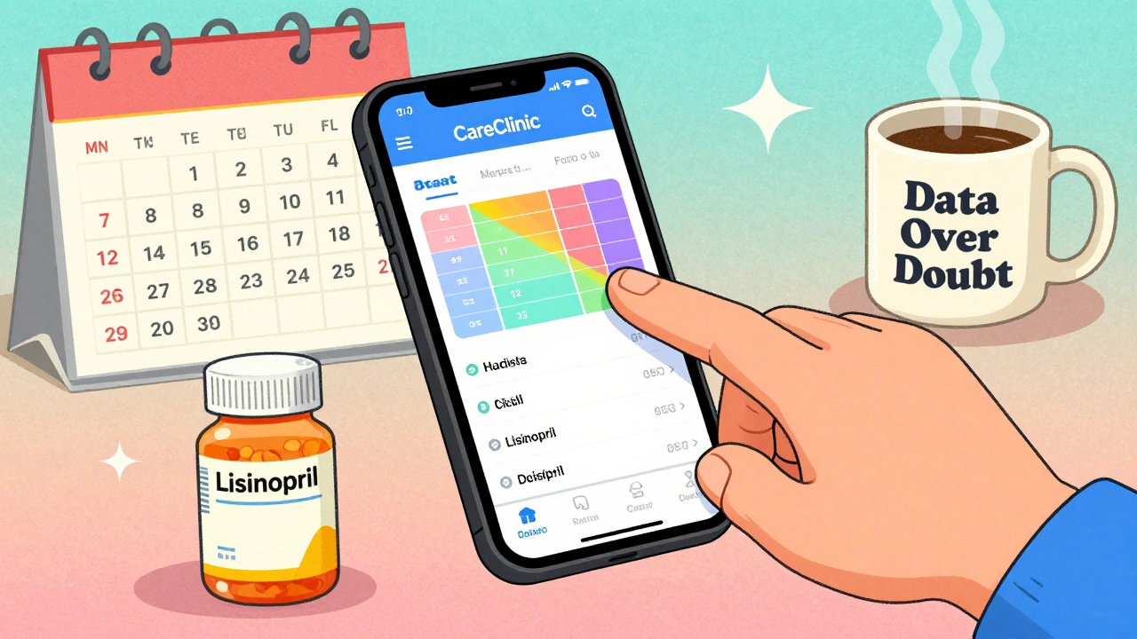 A smartphone showing a symptom tracking app with charts, next to a pill bottle, in retro-futuristic style.