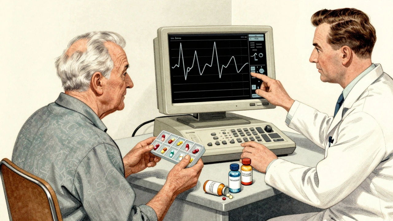 An elderly patient with multiple pills and an outdated ECG machine in a clinic, illustrated in neo-vintage style.