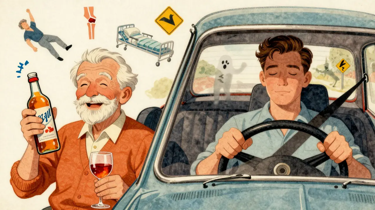 An elderly person mixes sleep aid with wine while a driver sleeps at the wheel, vintage illustration.