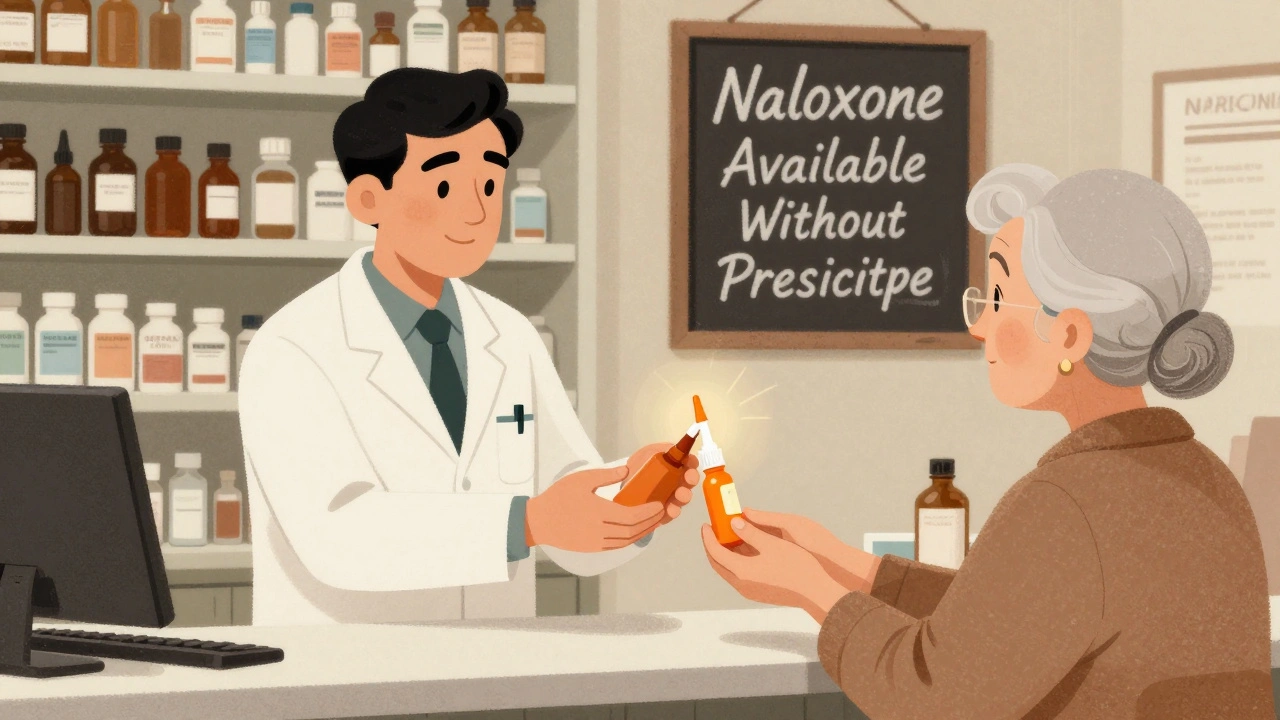An elderly woman receives a naloxone spray from a pharmacist in a retro pharmacy.