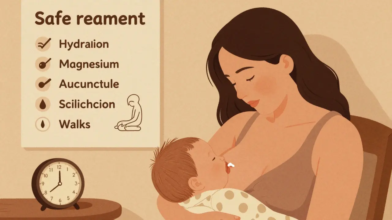 Breastfeeding mother taking acetaminophen after feeding, with safe migraine treatments listed on a wall chart.