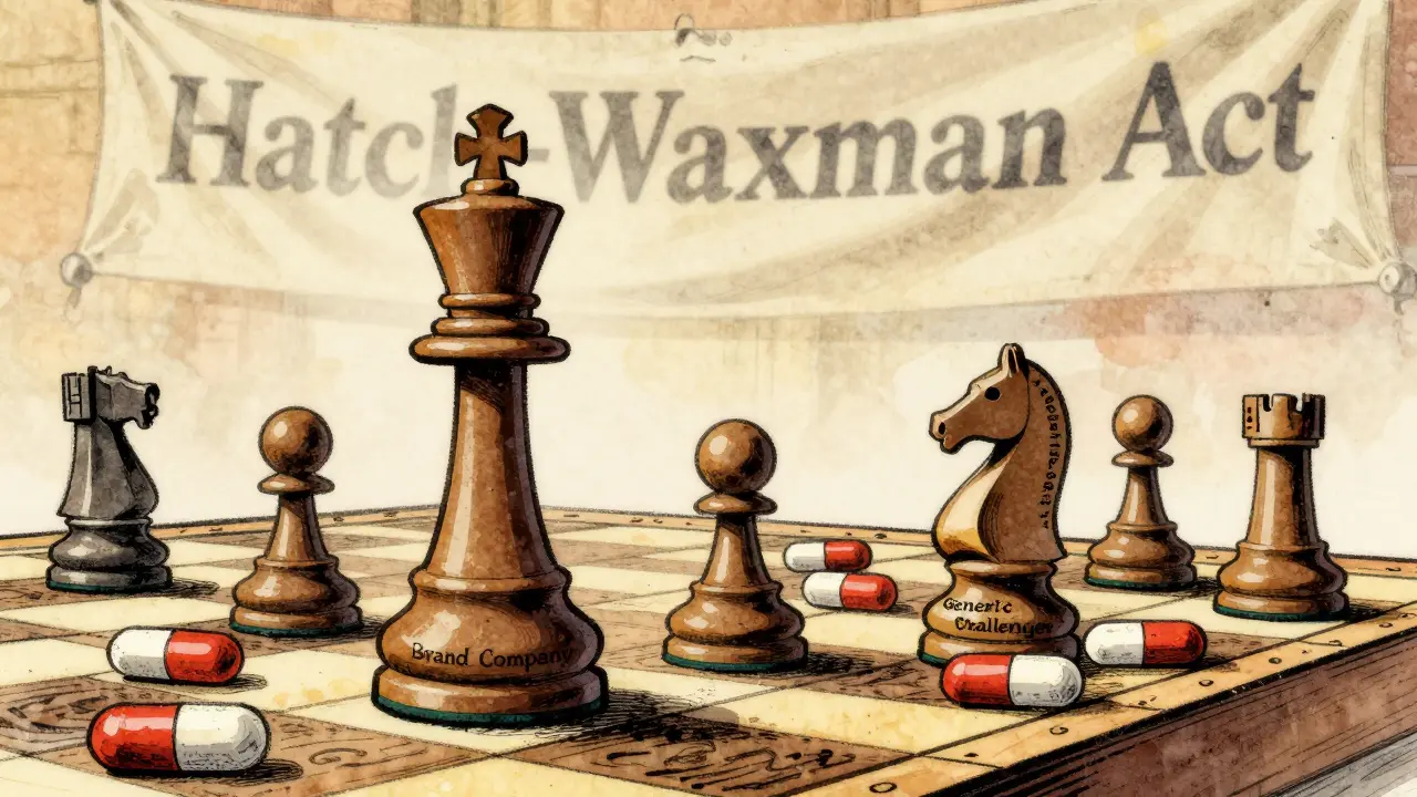 Chessboard with brand company moving an authorized generic pawn to capture a generic challenger, pills as game pieces, fading law banner in background.