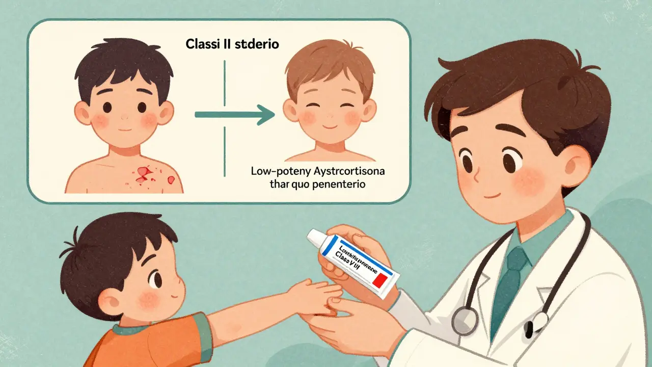 Child receiving safe low-potency steroid treatment versus side effects of misuse, shown in a side-by-side medical illustration.