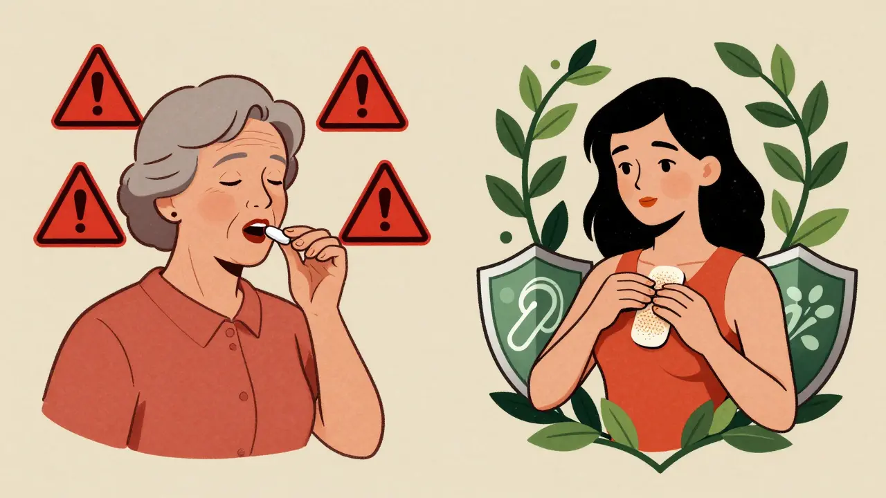 Contrasting images: older woman taking oral pills with warning symbols vs. younger woman using a safe transdermal patch.