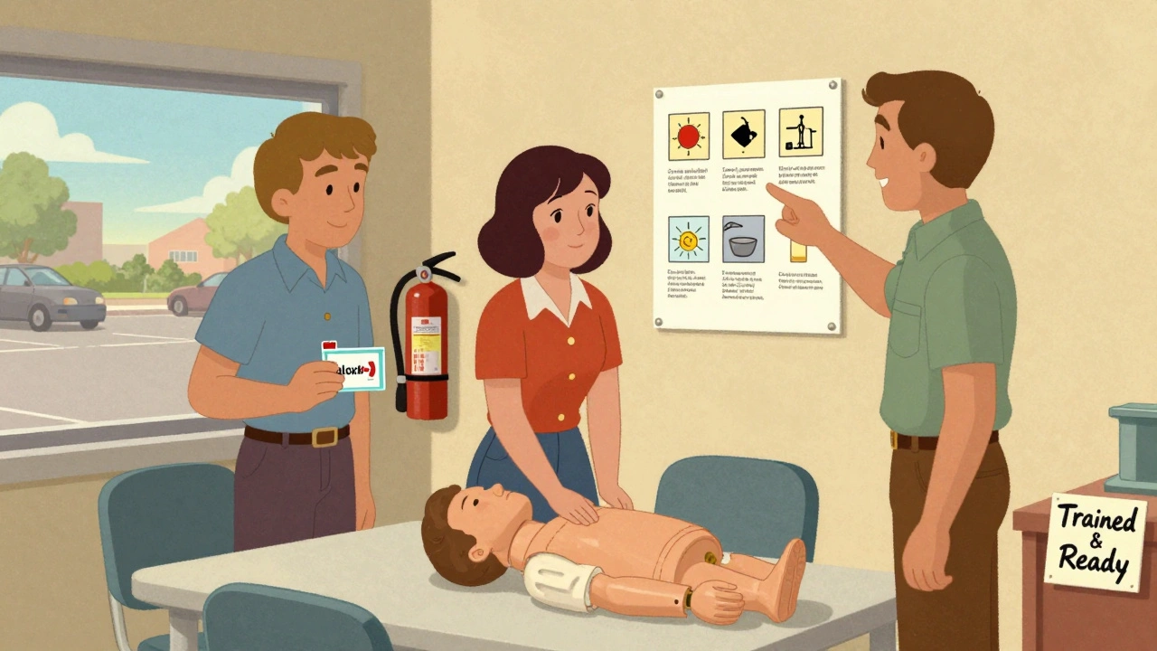 Coworkers practice using naloxone in a break room with a mounted kit and training poster.